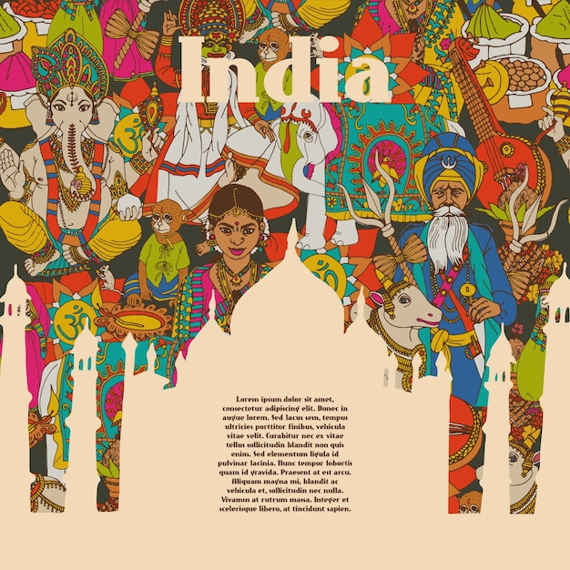 Gratis vector india culturele symbolen patronen poster
