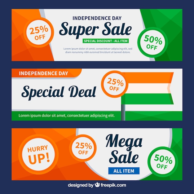 Gratis vector india onafhankelijkheidsdag verkoop banners met platte ontwerp