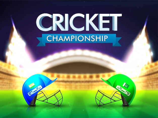 Gratis vector india vs pakistan cricket match concept met batsman helmen op glanzende stadion achtergrond.