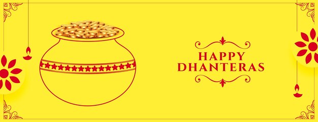 Indian festival happy dhanteras wenst banner met kalasha en gouden muntvector