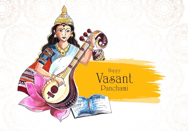 Gratis vector indiase god saraswati maa op vasant panchami religieuze kaart ontwerp