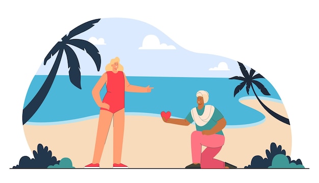 Indiase man op één knie die rood hart aanbiedt aan blonde vrouw in zwembroek aan de kust. vakantie romantiek platte vectorillustratie. liefde, relatieconcept voor banner, websiteontwerp of bestemmingswebpagina