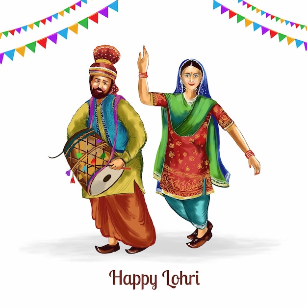 Gratis vector indiase punjabi festival van lohri viering dansende paar achtergrond