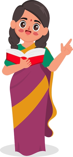 Indiase vrouw pose leest een boek om les te geven Cartoon leraar Indiase karakter