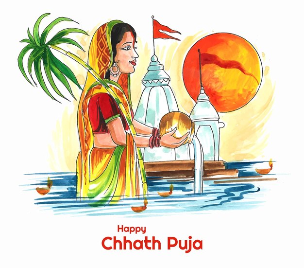 Indiase vrouwen voor gelukkige chhath Puja met achtergrond en Sun