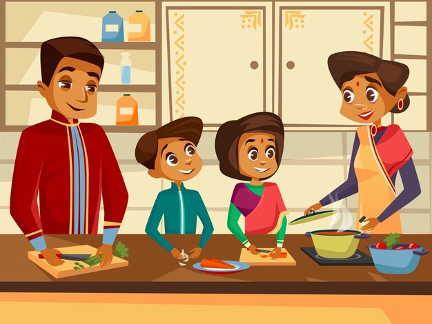 Indiërs van de beeldverhaal de Indische familie die bij keuken samen concept koken.