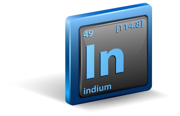 Indium scheikundig element. chemisch symbool met atoomnummer en atoommassa.