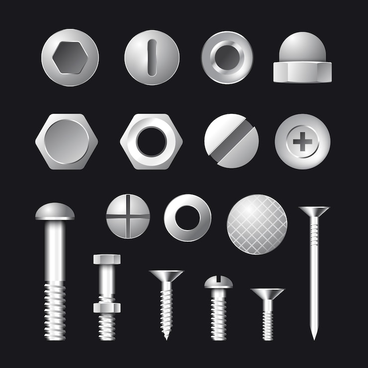 Gratis Vector industrie realistische noten en bouten collectie