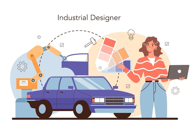 Gratis vector industrieel ontwerperconcept kunstenaar die een moderne omgeving en technologisch object creëert product usability ontwerp fabricage ontwikkeling geïsoleerde vectorillustratie