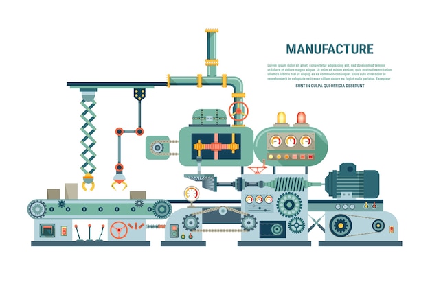 Industriële abstracte machine in vlakke stijl. Fabrieksbouwapparatuur, engineering