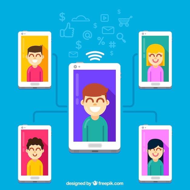 Gratis vector influencer marketing concept met aangesloten smartphones