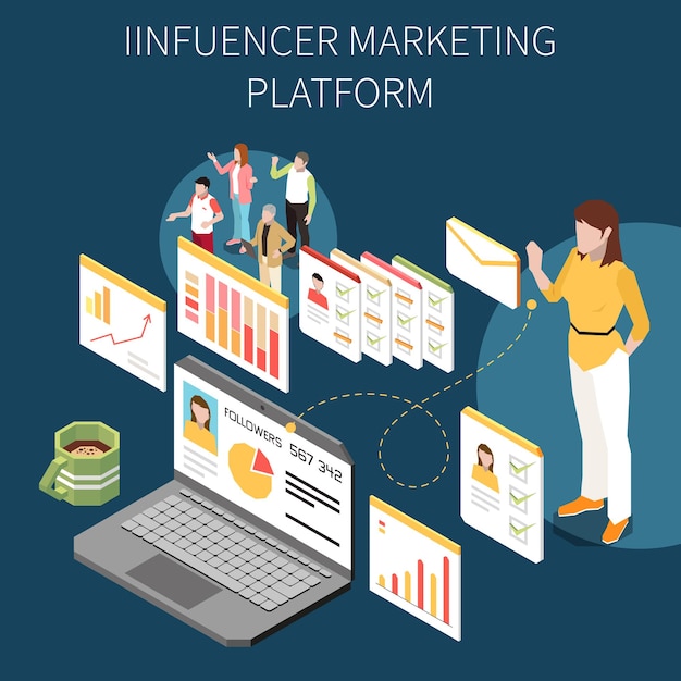 Gratis vector influencer marketing isometrische samenstelling met computerschermen gebruikersprofielen bericht iconen karakters van volgers en tekst vectorillustratie