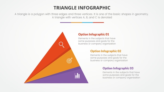 Infografisch driehoeksconcept voor diapresentatie met 3-punts lijst met platte stijl