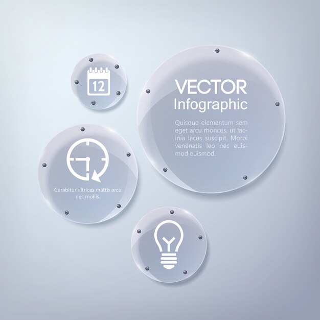 Infographic bedrijfsontwerp met pictogrammen en glas glanzende cirkels