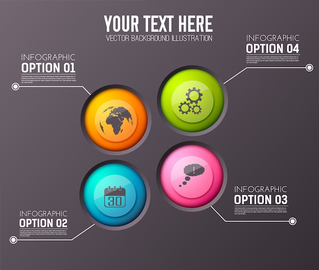 Gratis vector infographic met vier opties alinea's met bewerkbare tekst en het juiste cirkelpictogram