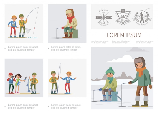 Infographic sjabloon met platte visserij met zomer- en wintervissers vissers journalist interview visser die grote vissen heeft gevangen