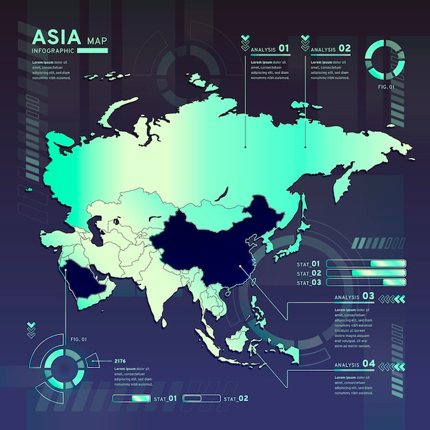 Infographic van de neonkaart van Azië in plat ontwerp
