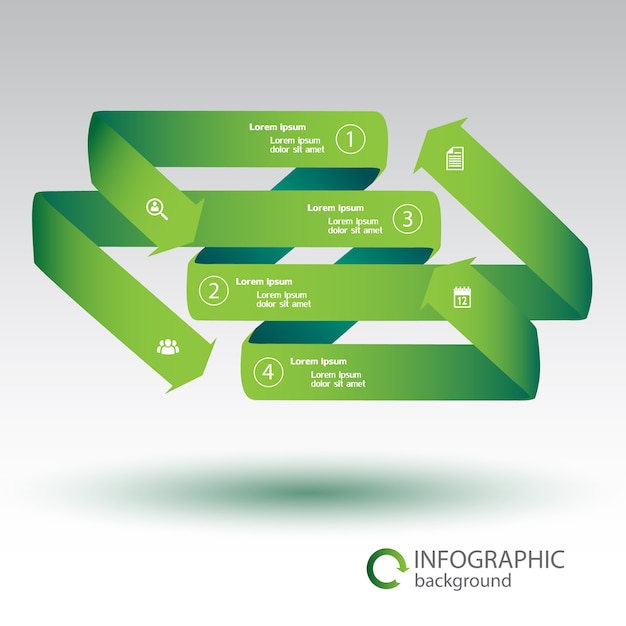 Infographic websjabloon met groene gebogen lint pijlen vier opties en witte pictogrammen geïsoleerd