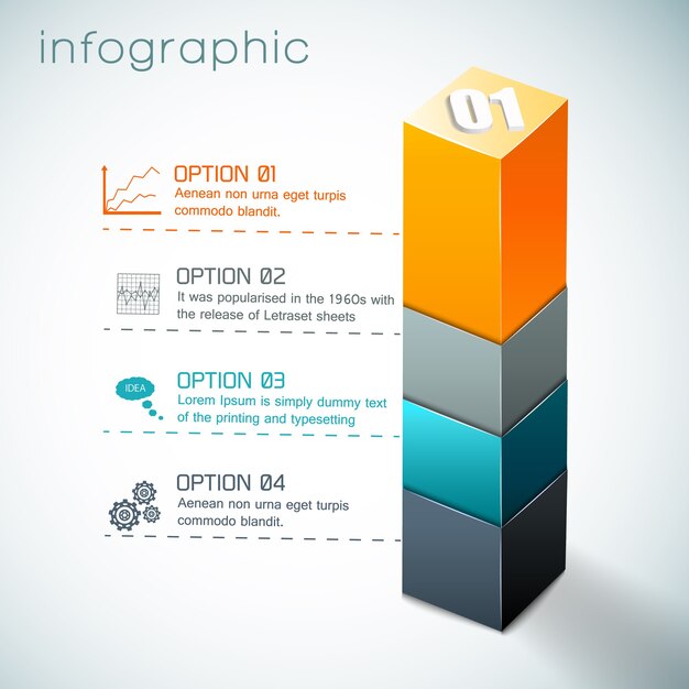Infographics met kleurrijke kolom van geometrische vormen en set van pictogrammen op witte achtergrond