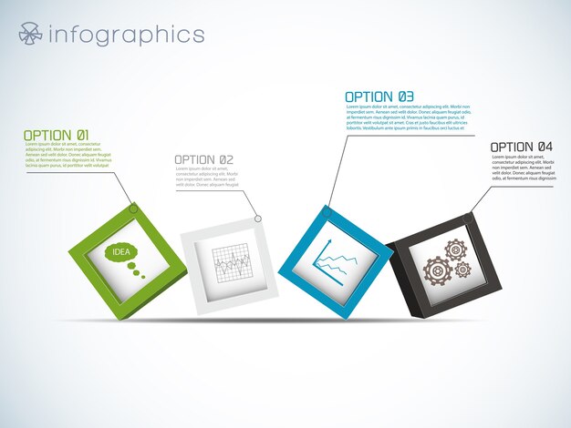 Infographics met rij kubussen en iconen van grafieken en vistuig