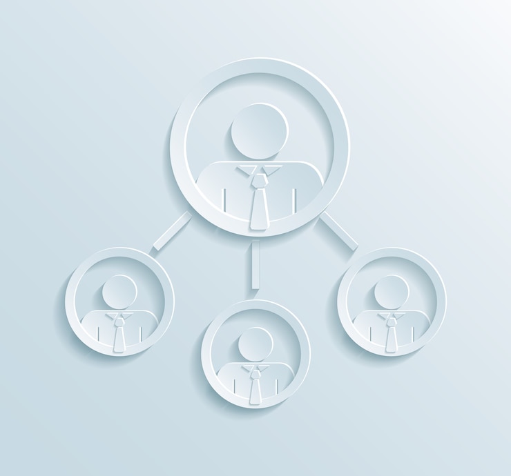 Gratis Vector infographics van de bedrijfsbeheerstructuur met manager of teamleider in de bovenste cirkel gekoppeld aan drie werknemers of kantoorpersoneel platte papierstijl