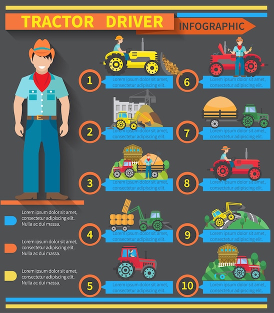 Infographics van de tractorbestuurder met landbouwbedrijf en bouwmachinessymbolen vectorillustratie die wordt geplaatst