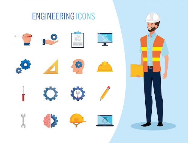 Gratis vector ingenieursmens met het vastgestelde pictogrammen werken