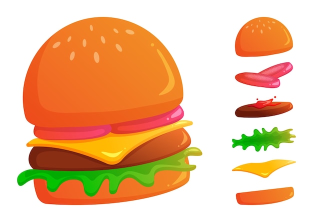 Gratis vector ingrediënten van hamburger en sandwich gesneden groenten broodje kotelet brood tomaat vlees saus sla kaas vector illustratie cartoon plat geïsoleerd op wit