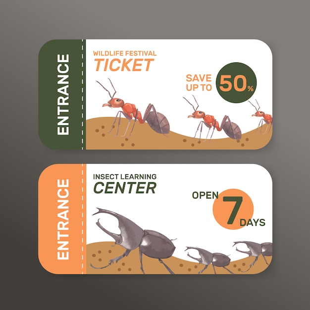 Gratis vector insect en vogel ticket met mier, kever aquarel illustratie.