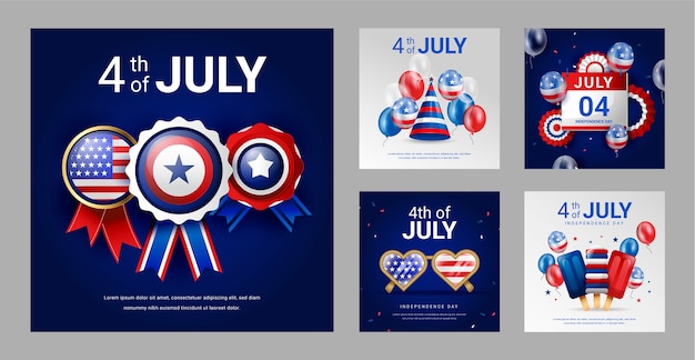 Gratis vector instagram-berichtenverzameling voor de amerikaanse viering van 4 juli