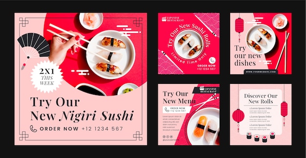 Gratis vector instagram-postset voor japans restaurant