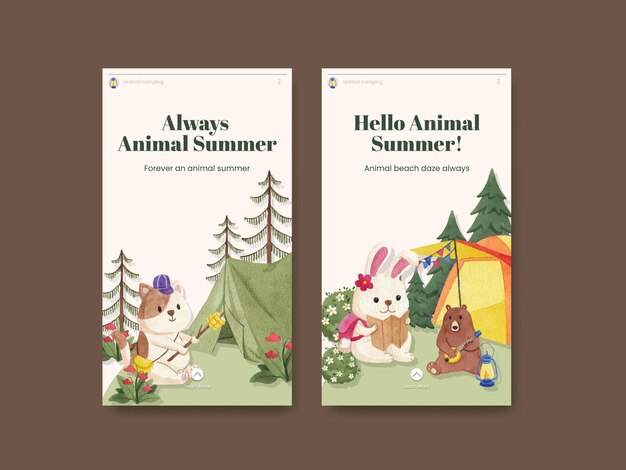 Instagram-sjabloon met zomerconcept voor dierenkamperen in aquarelstijl