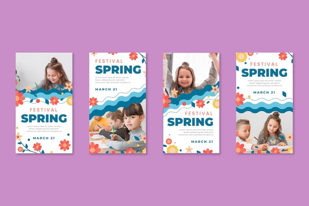 Gratis vector instagram-verhalencollectie voor de lente met kinderen