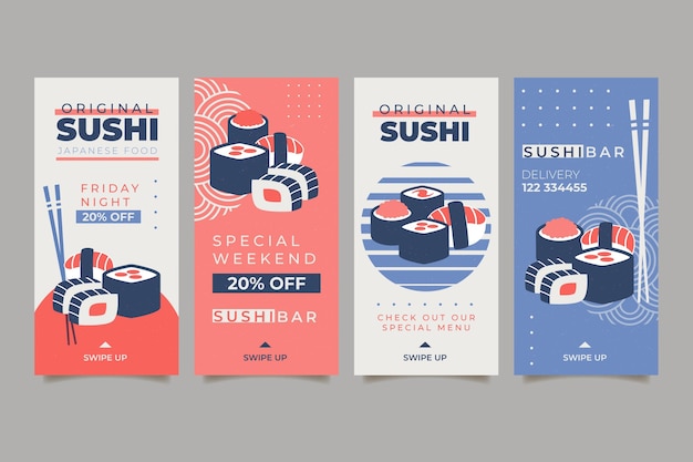 Gratis vector instagram verhalencollectie voor sushi-restaurant