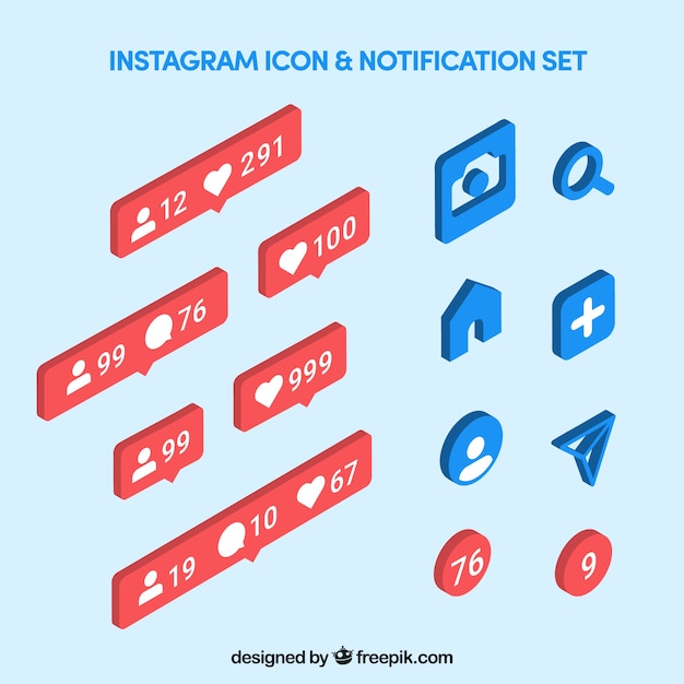 Gratis vector instagrams pictogrammen en meldingen instellen in isometrische stijl