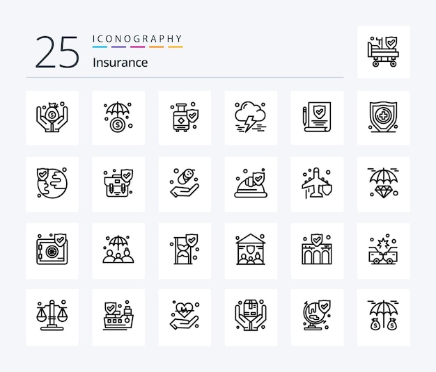 Insurance 25 Line icon pack inclusief verzekeringspapier schild verzekering storm