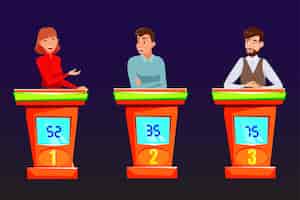 Gratis vector intellectuele game mannen en vrouwen raden quiz raadsel deelnemer antwoord vraag deelnemen aan erudiete televisieshow
