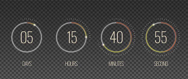 Gratis vector interface countdown transparante set met uur en minuut symbolen realistisch geïsoleerd