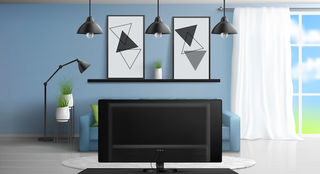 Gratis vector interieur van de woonkamer met bank voor tv