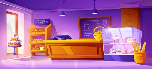 Interieur van een bakkerij met toonbank en taartvector
