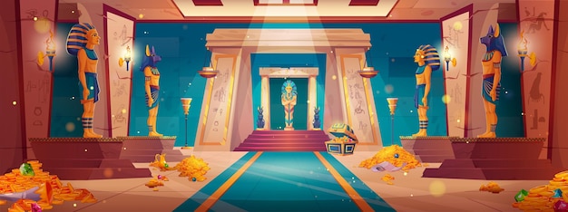 Gratis vector interieur van een egyptisch paleis met sarcofaag en stapels goud op de vloer vector cartoon illustratie van antieke farao's graf katten standbeelden schatkisten vol geld en edelstenen oude tempel