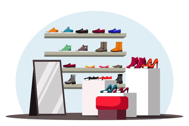 Gratis vector interieur van schoenenwinkel afdeling sportschoenen heren of dames nieuwe collectie sneakers stoelen om te passen voor kopers mode schoenenboetiek