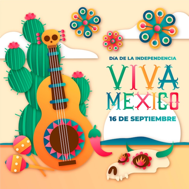 Gratis vector internationale dag van mexico papierstijl met gitaar