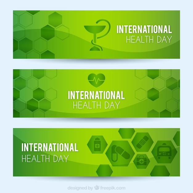 Gratis vector internationale gezondheid dag groene banners met zeshoeken