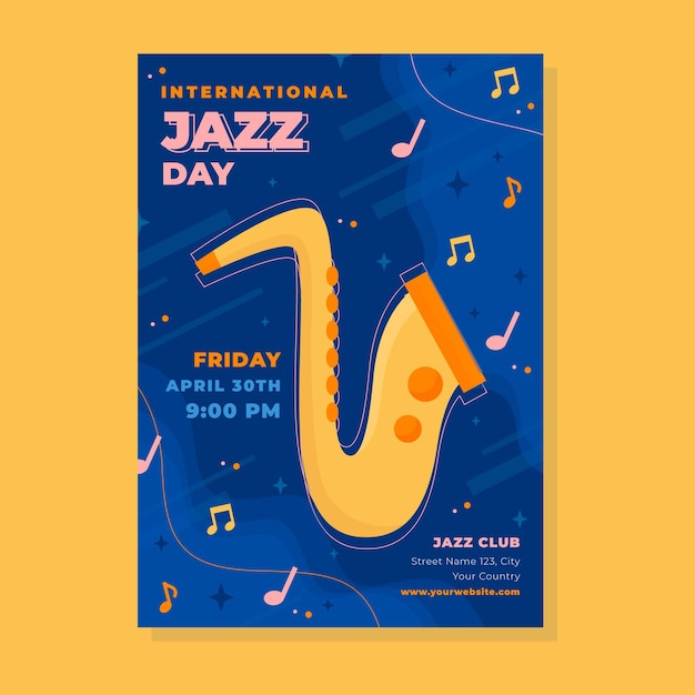 Internationale jazzdag verticale poster sjabloon met saxofoon