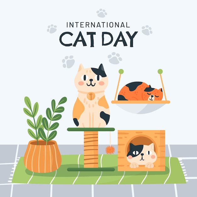 Gratis vector internationale kattendag handgetekende vlakke afbeelding