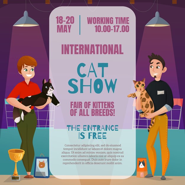 Internationale kattenshow voor alle rassen aankondigingsposter met datum, tijdplaats en cartoon van 2 deelnemers