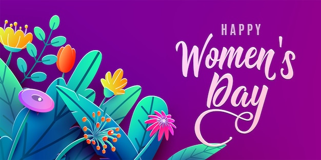 Gratis vector internationale vrouwendag banner met fantasie papier snijbloemen, bladeren, handgeschreven lettertype begroeting.