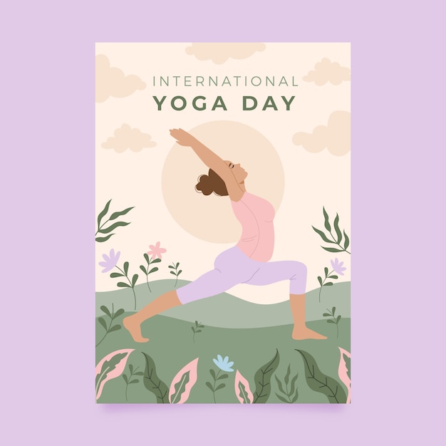 Internationale yoga dag handgetekende platte yoga flyer of poster