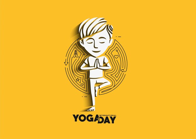 Internationale yogadag Jonge jongen mediteert na advertentiebanner Vectorillustratie